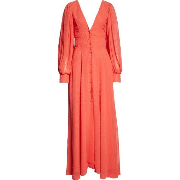 Kimberly Goldson Lesli Clip Dot Long Sleeve Maxi Dress Women's Small Coral NWOT - Picture 6 of 12